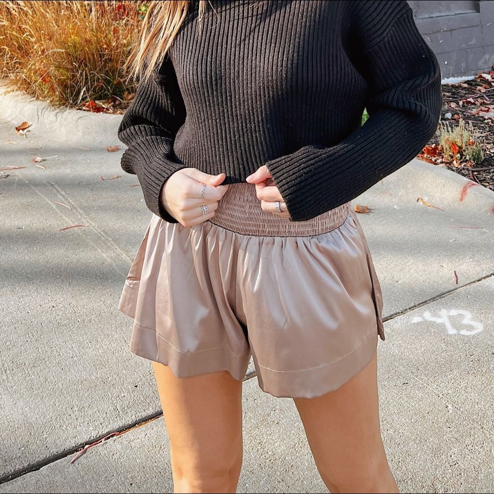 Satin Smocked Shorts - Silky & Lightweight - Mocha